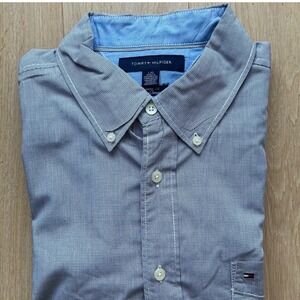 Tommy Hilfiger Mens L Button‎ Down Shirt Blue Gingham Short Sleeves Pocket Flag